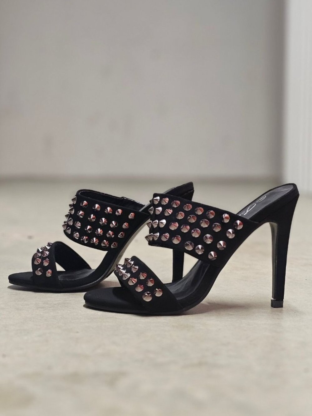 Black Studded Open-Toe Heeled Sandals With Double Strap Stiletto Heel For Women